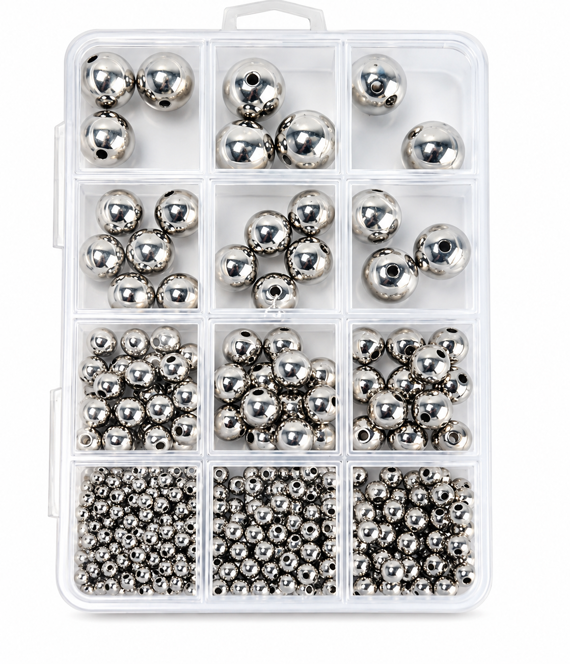 Kit Perle Acriliche Metallizzate in Box – 12 Scomparti, Misure Assortite, Oro o Argento