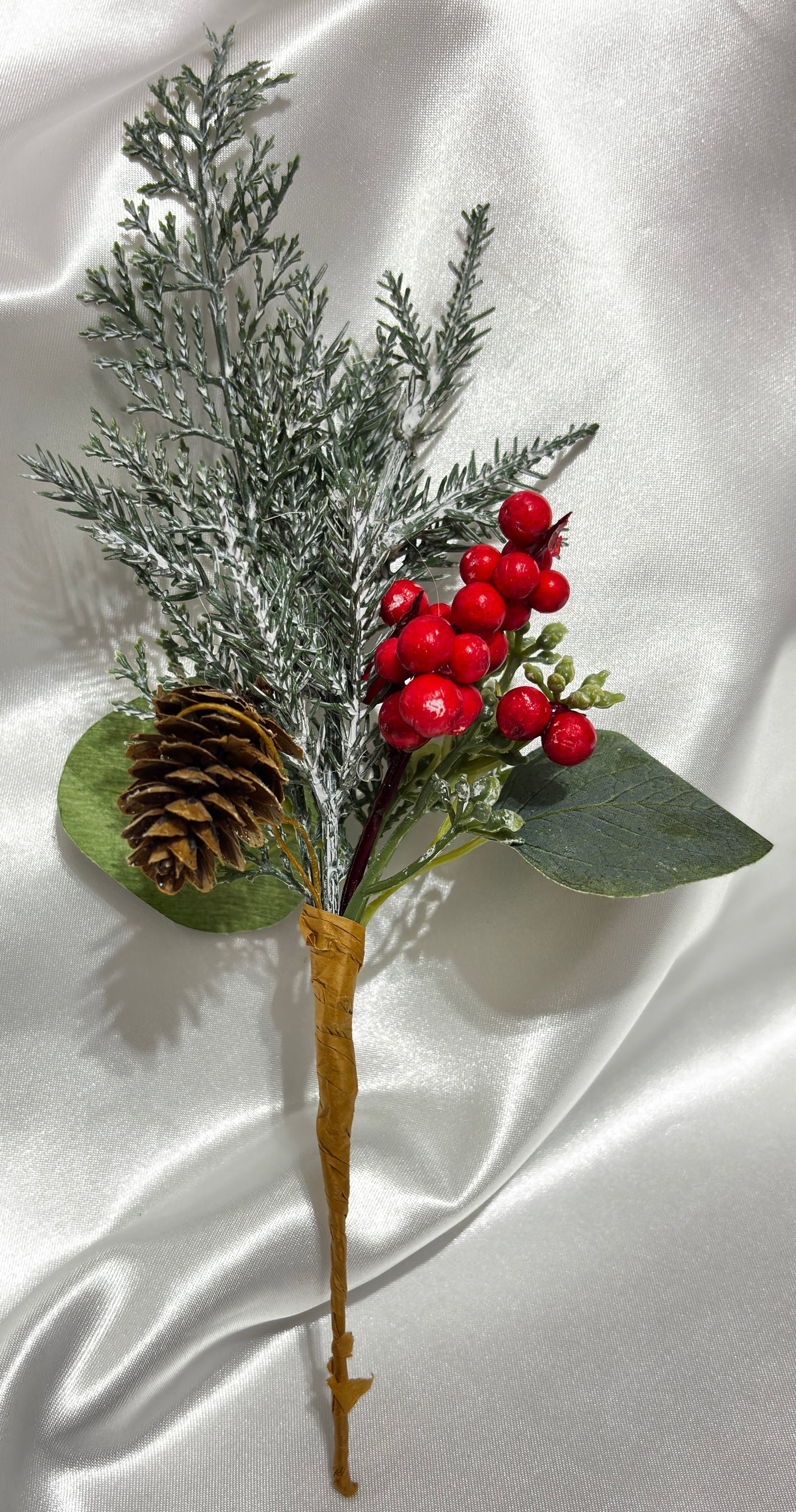 Snowy pine pick with pine cone and berries