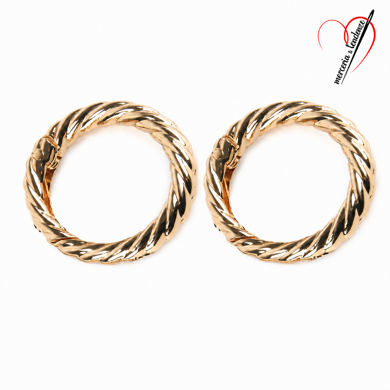 Anelli a molla intrecciati 12954-01 — oro chiaro, 25 mm, confezione da 2 pezzi, con logo Merceria & Tendenze