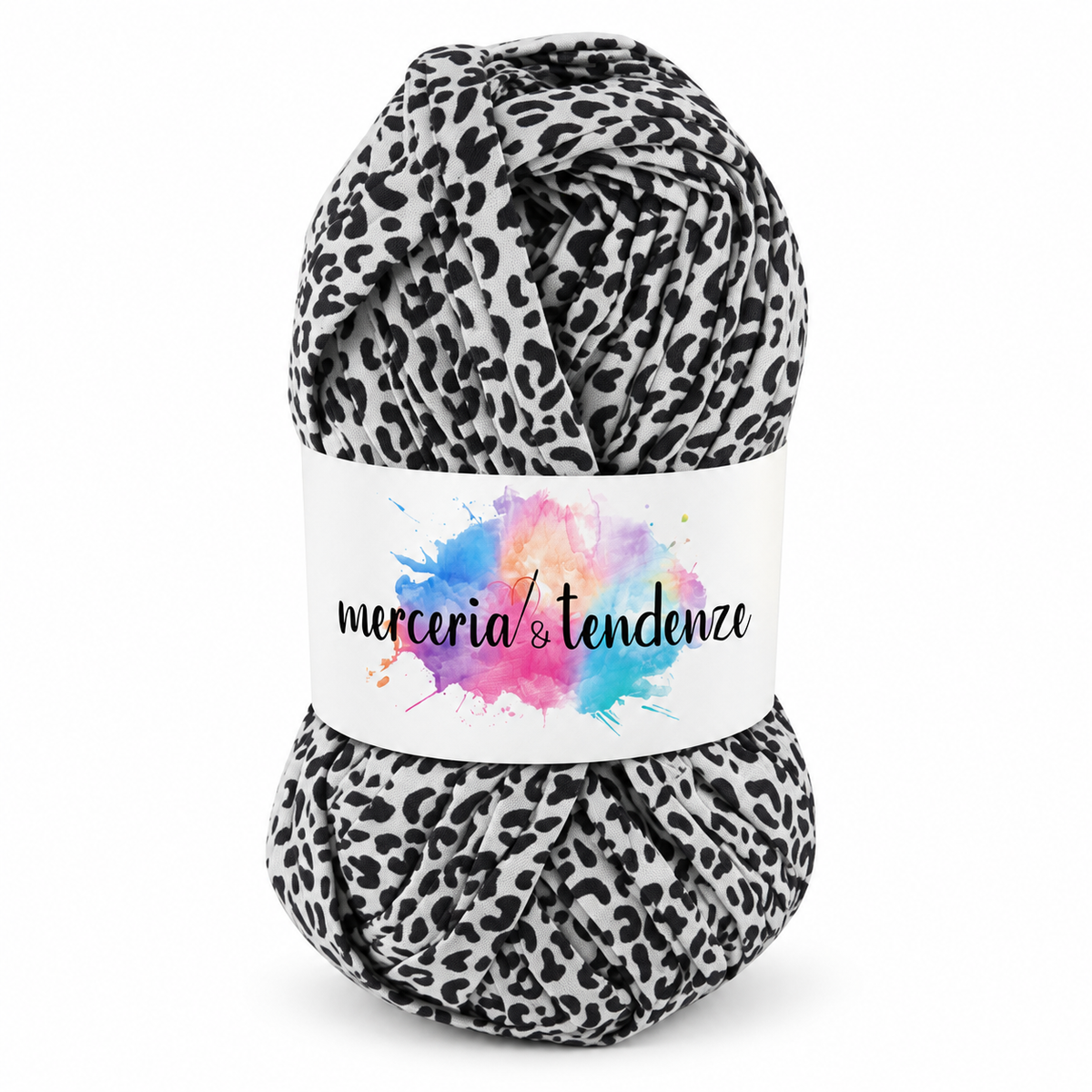 Fettuccia Atelier Leopardato bianco 30 in poliestere, gomitolo 100 g e 32 m, etichetta Merceria & Tendenze acquerello