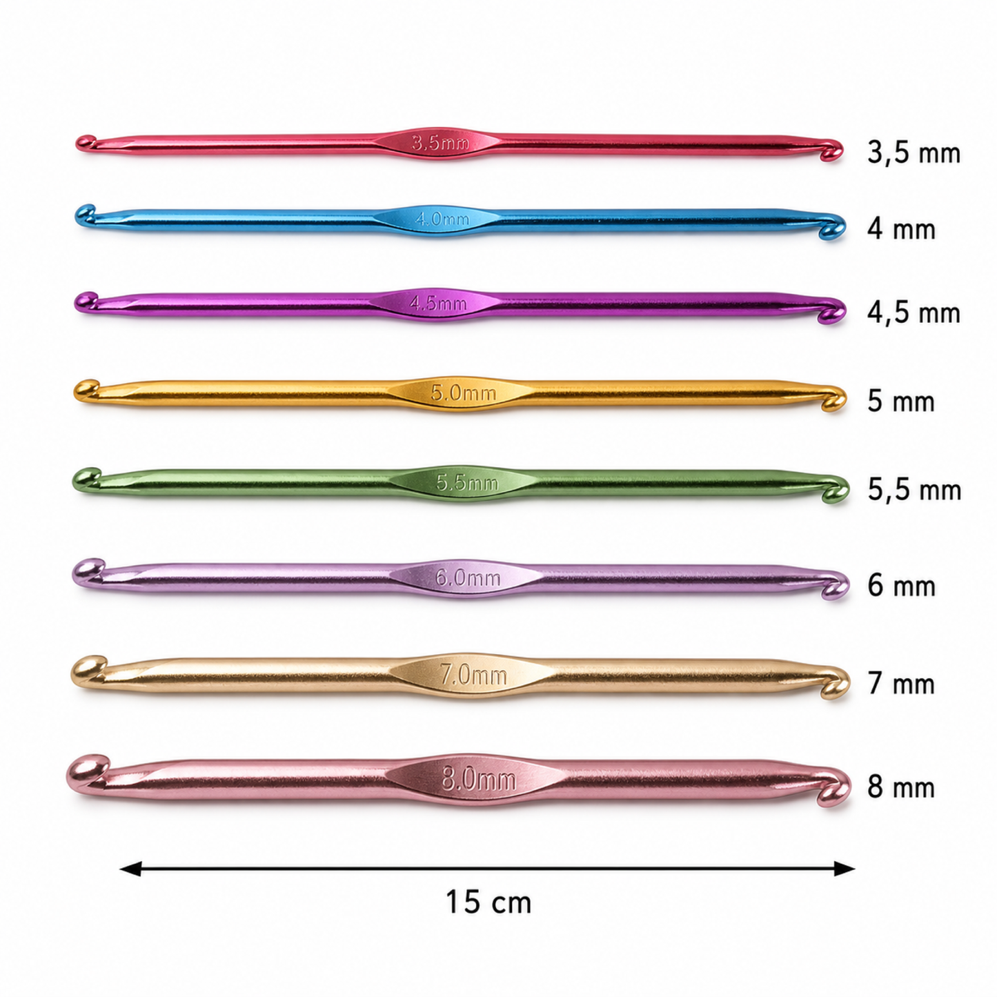 Set 8 Uncinetti Doppia Punta in Alluminio Colorato 3,5–8 mm – 15 cm