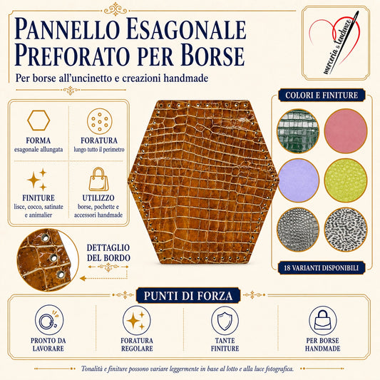 Pannello Esagonale in Vera Pelle Preforato per Borse Handmade 29cmx26cm