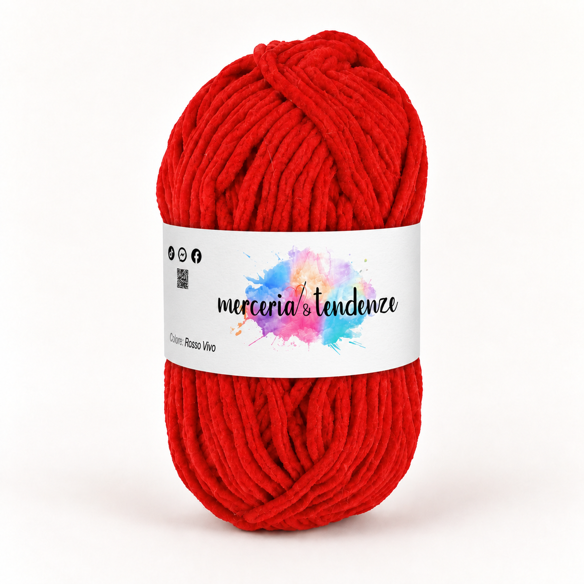 Filato ciniglia Rosso Vivo, gomitolo 100 g con etichetta acquerello Merceria & Tendenze