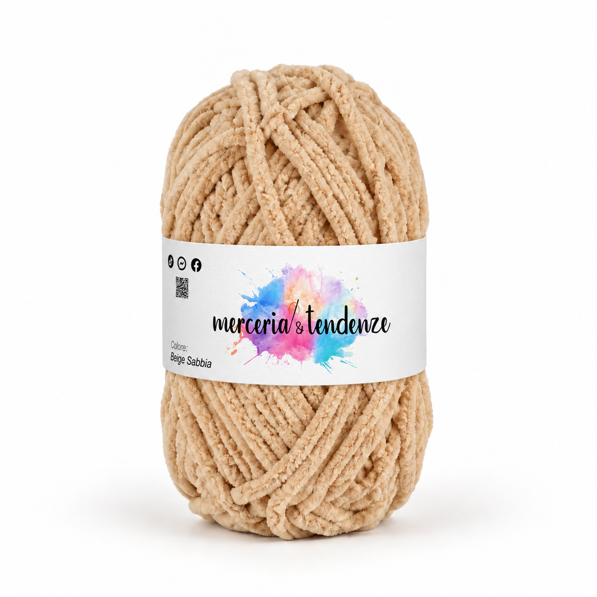 Filato ciniglia Beige Sabbia, gomitolo 100 g con etichetta acquerello Merceria & Tendenze