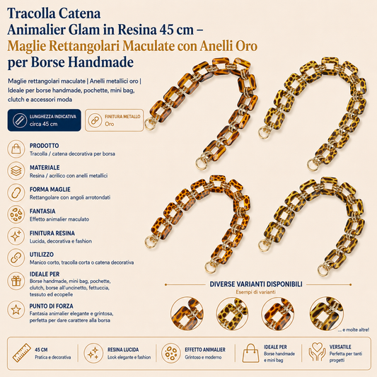 Tracolla Catena Animalier Glam in Resina 45 cm – Maglie Rettangolari Maculate con Anelli Oro per Borse Handmade