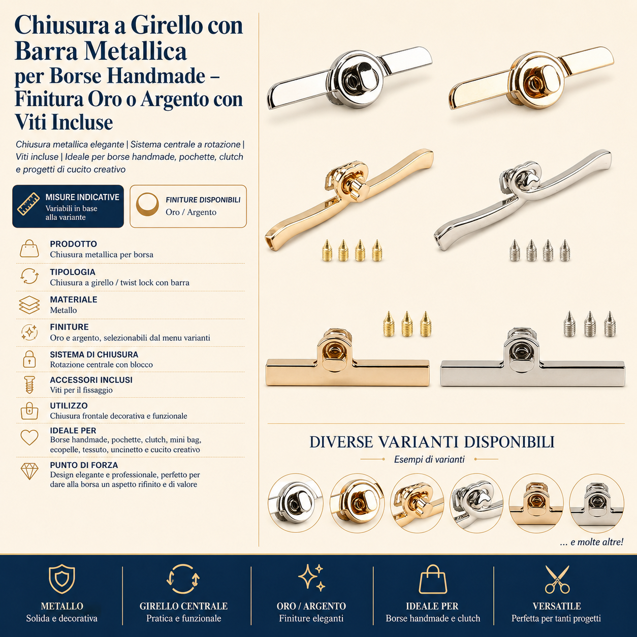 Chiusura a Girello con Barra Metallica per Borse Handmade – Finitura Oro o Argento con Viti Incluse