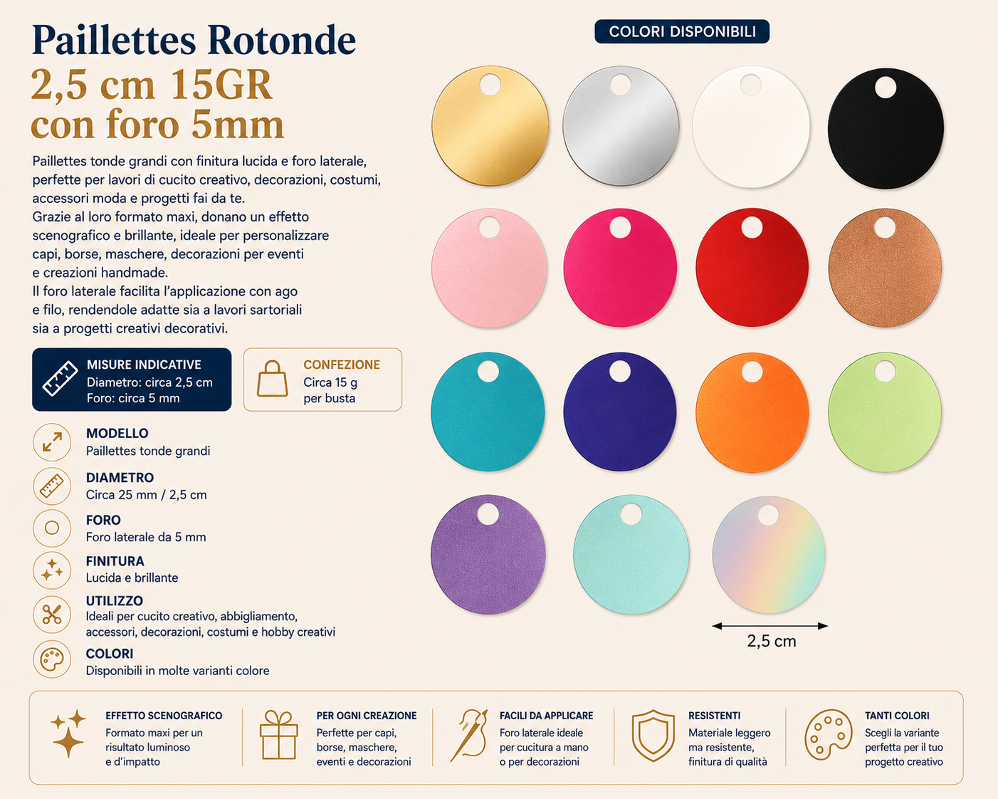 Paillettes  Rotonde 2,5 cm  15GR con foro 5mm