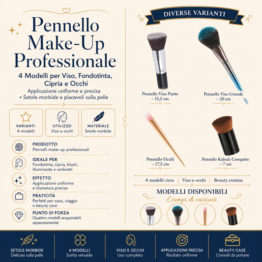 Pennello Make-Up Professionale – 4 Modelli per Viso, Fondotinta, Cipria e Occhi