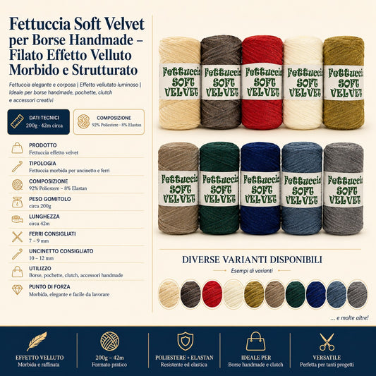 Cinta Soft Velvet – Cinta Efecto Terciopelo para Bolsos y Accesorios de Ganchillo 92% Poliéster – 8% Elastano | 200g – 42m aprox. | Agujas 7-9 / Ganchillo 10-12