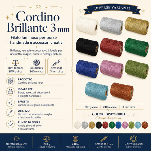 Cordón Lurex Brillante 3mm 200g – Hilo Metalizado 240m para Bolsos, Accesorios y Proyectos Artesanales