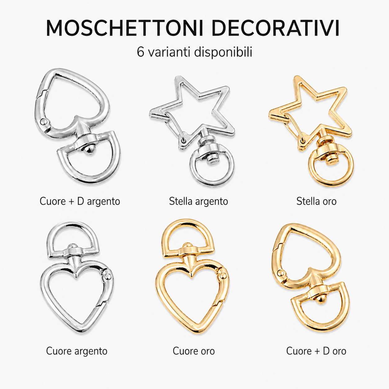 Moschettone Decorativo per Borse Cuore e Stella – Gancio Girevole in Metallo Oro o Argento