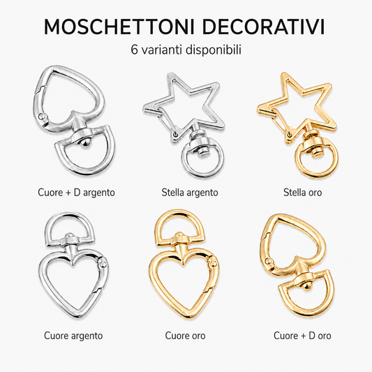 Moschettone Decorativo per Borse Cuore e Stella – Gancio Girevole in Metallo Oro o Argento