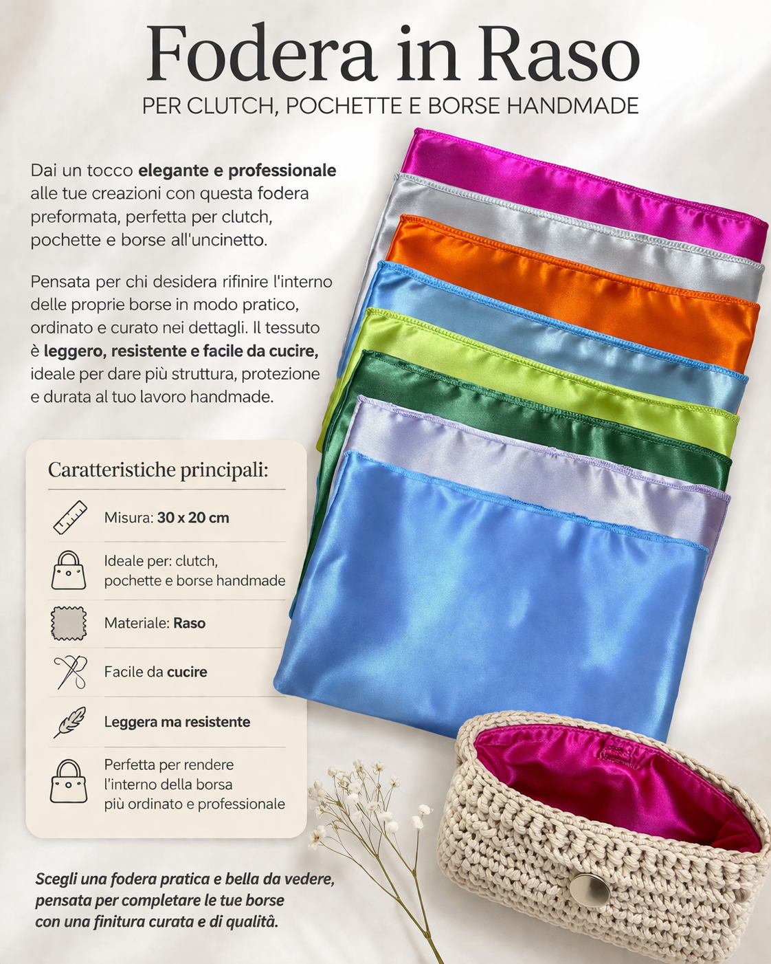 Fodera preformata in raso 30 x 20 cm inclusa nel kit