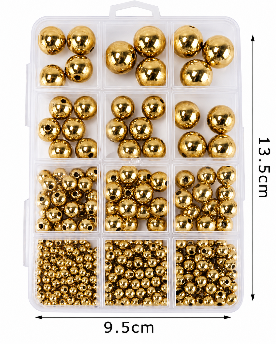 Kit Perle Acriliche Metallizzate in Box – 12 Scomparti, Misure Assortite, Oro o Argento