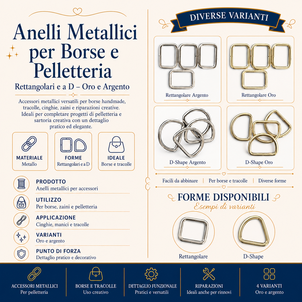 Set Di Anelli Rettangolari E A Mezzaluna Per Borse 4pz