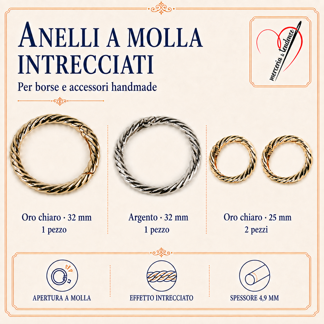 Anelli a molla intrecciati per borse, oro chiaro e argento, misure 25 e 32 mm, con logo Merceria & Tendenze