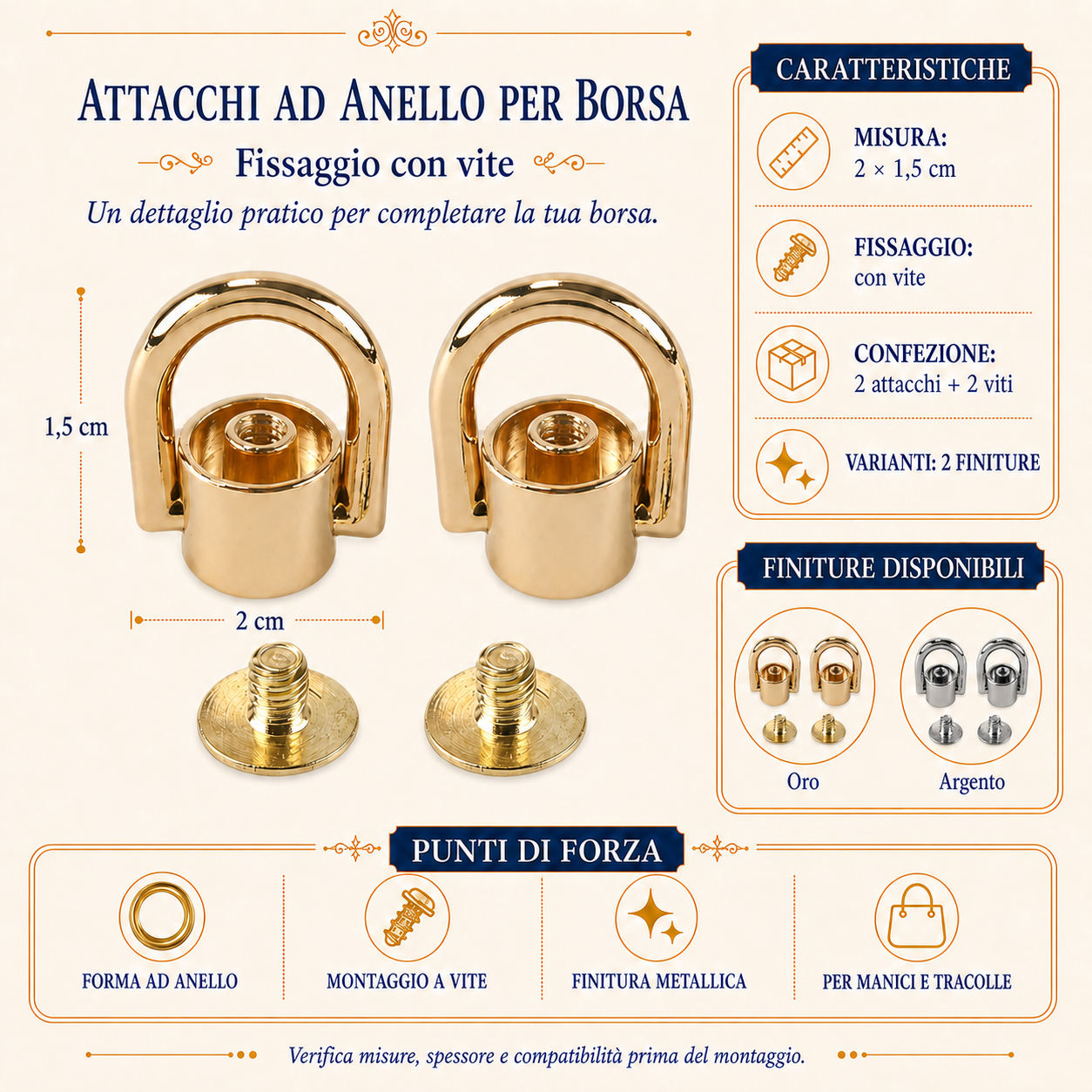 Set 2 Attacchi ad Anello per Manici e Tracolle Borsa con Vite – Oro o Argento