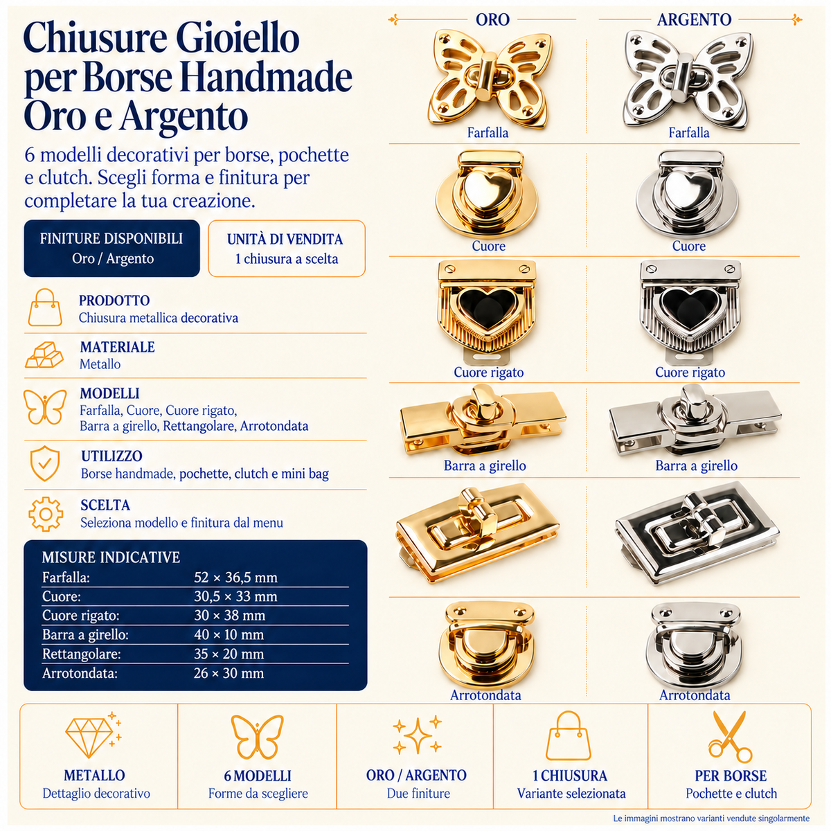 Chiusure Gioiello - sei modelli in oro e argento, tutte le misure, caratteristiche e una chiusura a scelta