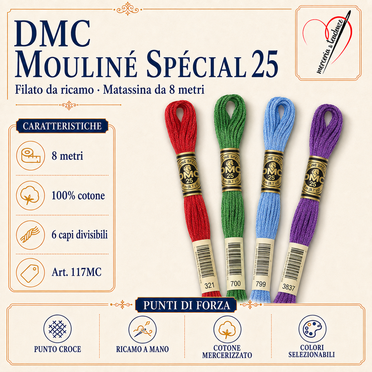 DMC Mouliné Spécial 25 – matassina da 8 metri, 100% cotone, 6 capi divisibili – Merceria & Tendenze
