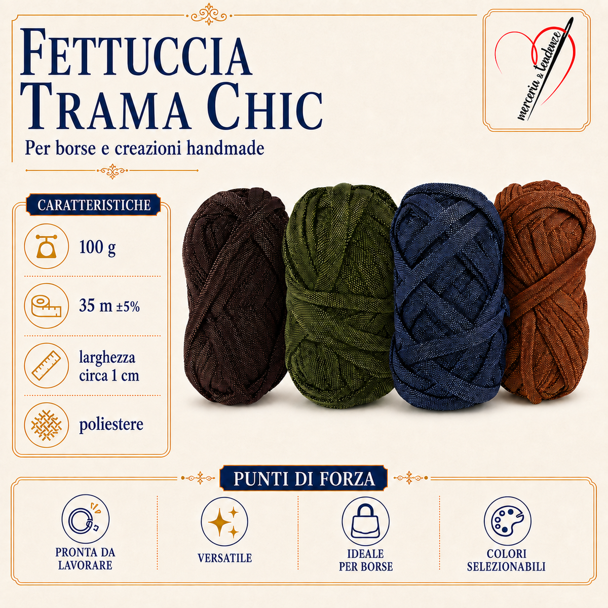 Fettuccia Trama Chic in poliestere per borse handmade – caratteristiche e varianti colore
