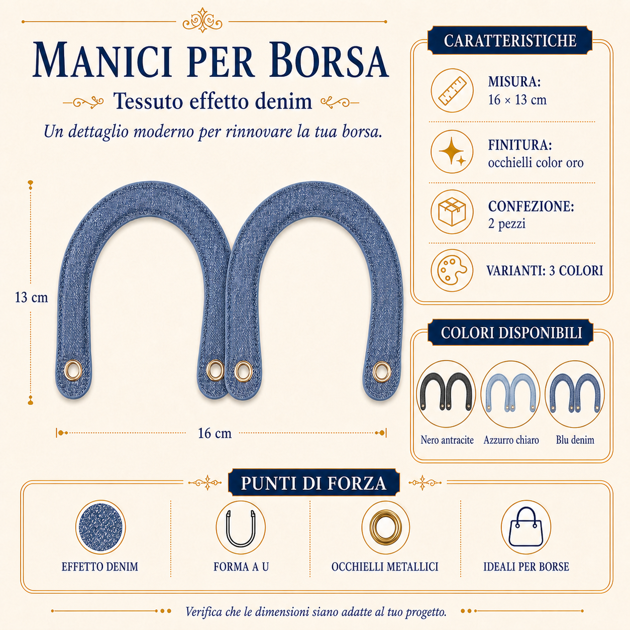 Coppia di Manici per Borsa a U Effetto Denim 16 × 13 cm – 2 Pezzi