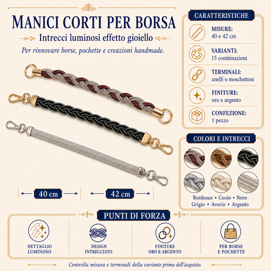Manico Corto per Borsa 40–42 cm Intrecciato con Dettagli Effetto Strass
