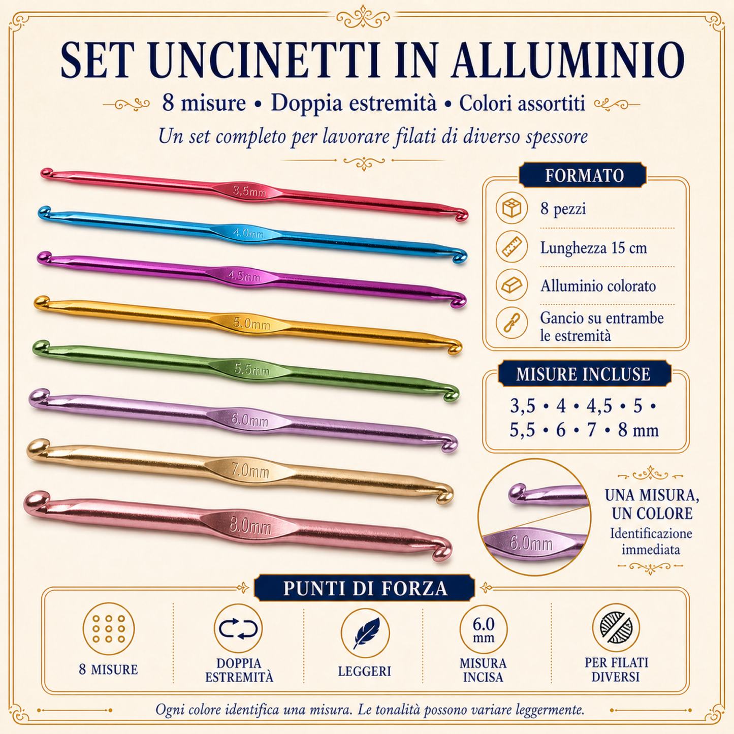 Set 8 Uncinetti Doppia Punta in Alluminio Colorato 3,5–8 mm – 15 cm