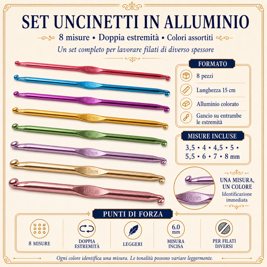 Set 8 Uncinetti Doppia Punta in Alluminio Colorato 3,5–8 mm – 15 cm