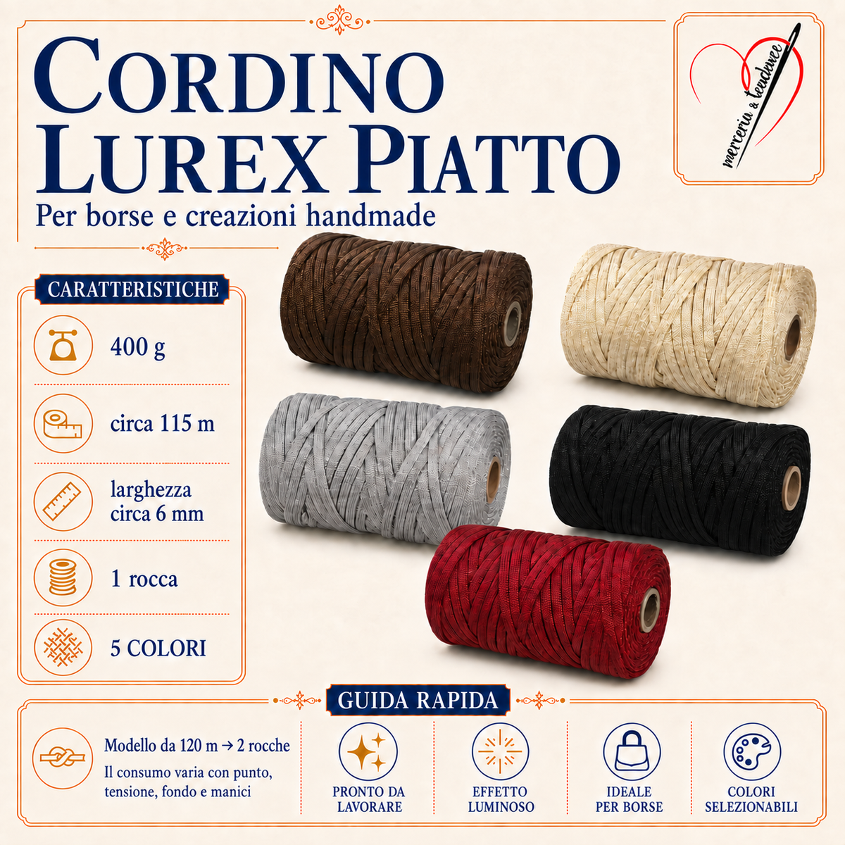 Cordino Lurex Piatto 400 g circa 115 m in cinque colori