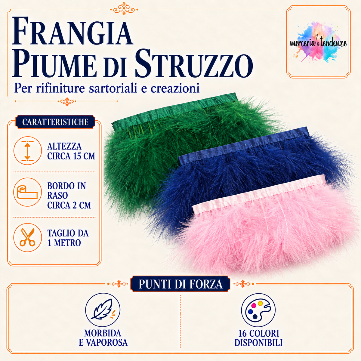 Copertina Frangia piume di struzzo h 15 cm, taglio da 1 metro, colori Verdone Blu Rosa