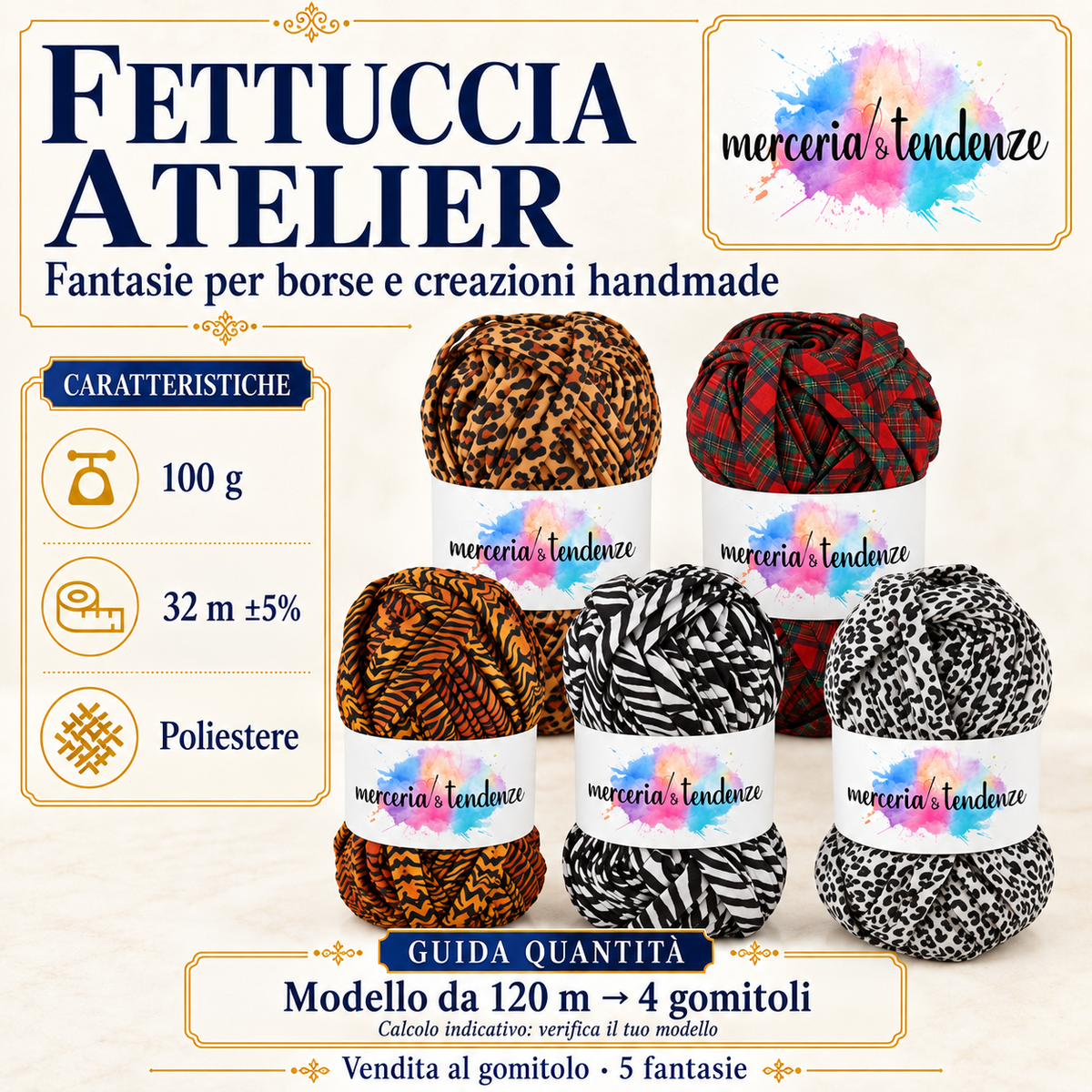 Fettuccia Atelier: cinque fantasie con etichetta Merceria & Tendenze, 100 g, 32 m ±5%, poliestere