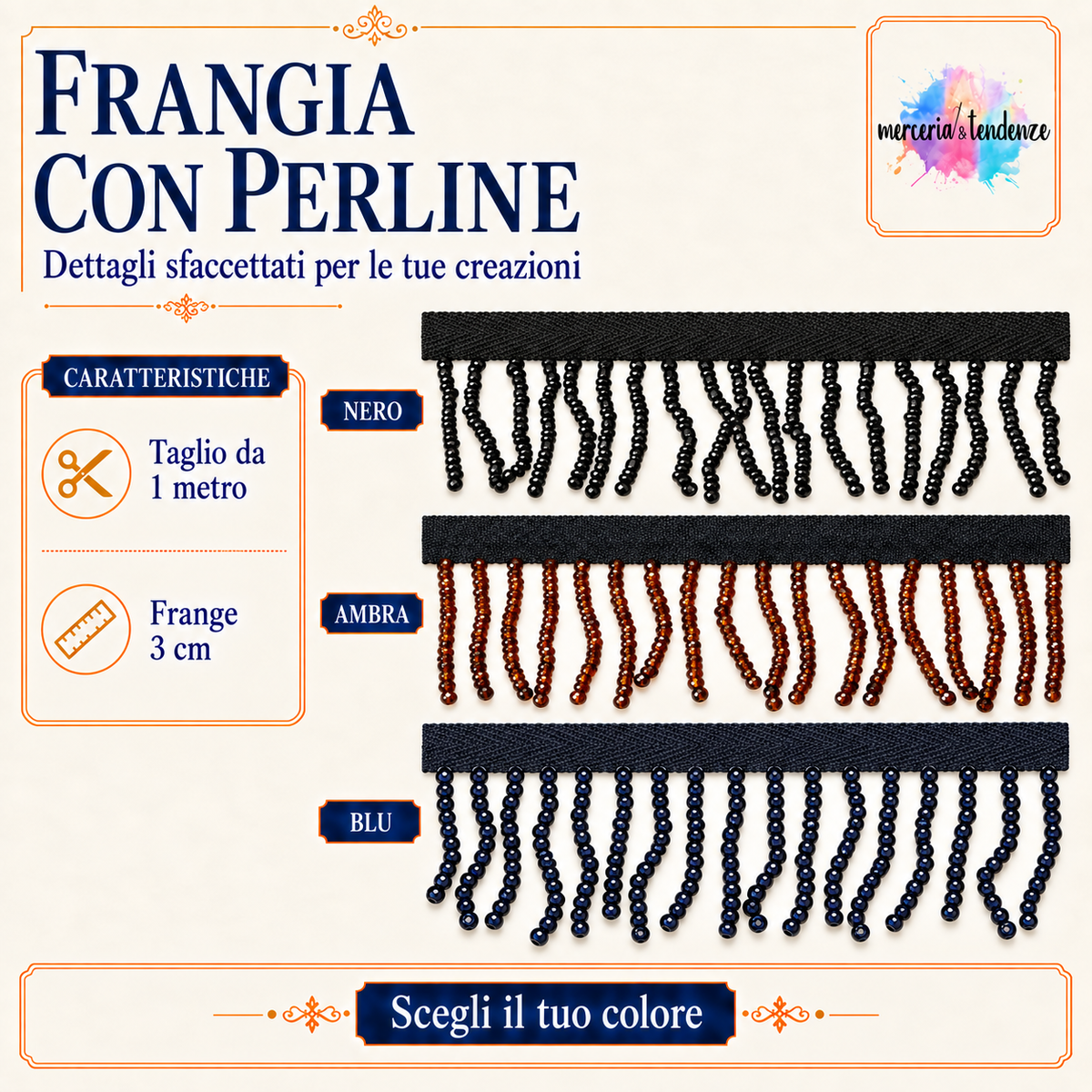 Frangia con perline 3 cm: colori nero, ambra e blu, taglio da 1 metro