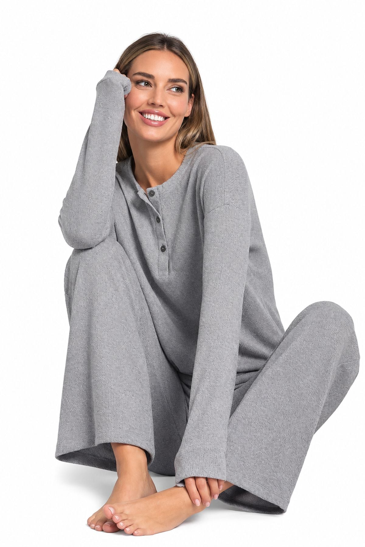 Pigiama donna Jadea 5277 Grigio mélange con maglia serafino e pantalone lungo
