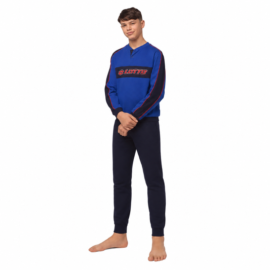 Pigiama ragazzo Lotto Homewear LP4224, colore Jeans, taglia 14 anni, maglia e pantalone lunghi; immagine rielaborata dalla confezione
