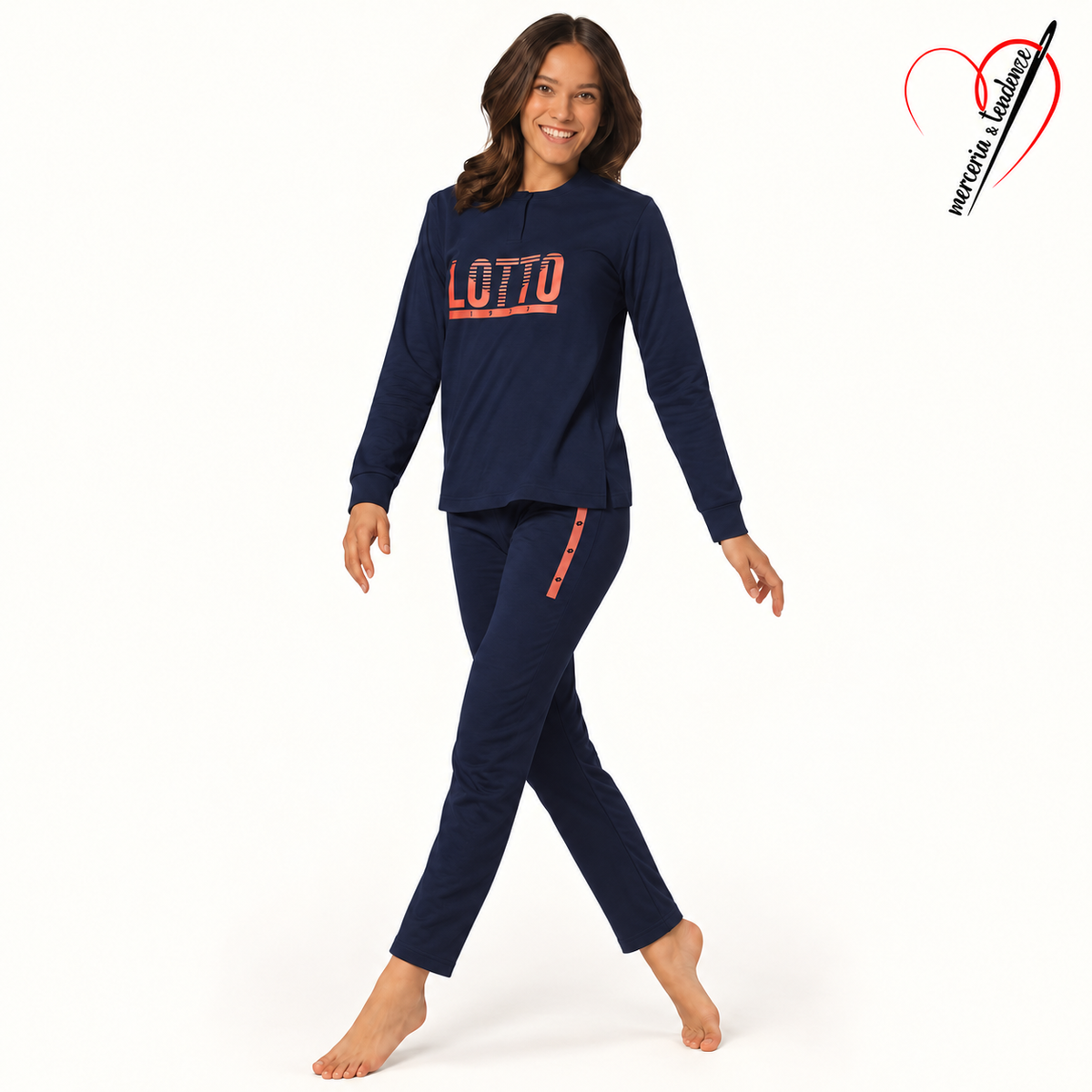 Lotto LP5235 blu: pigiama donna completo con maglia a maniche lunghe, pantaloni lunghi e stampa corallo