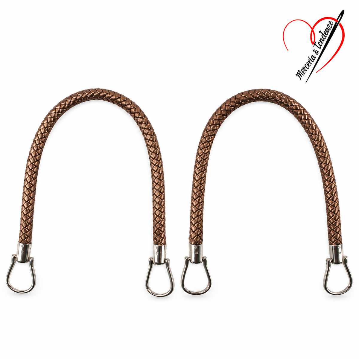 Coppia Manici Intreccio in similpelle Bronzo, agganci argentati, 22 × 23 cm per manico, logo Merceria & Tendenze