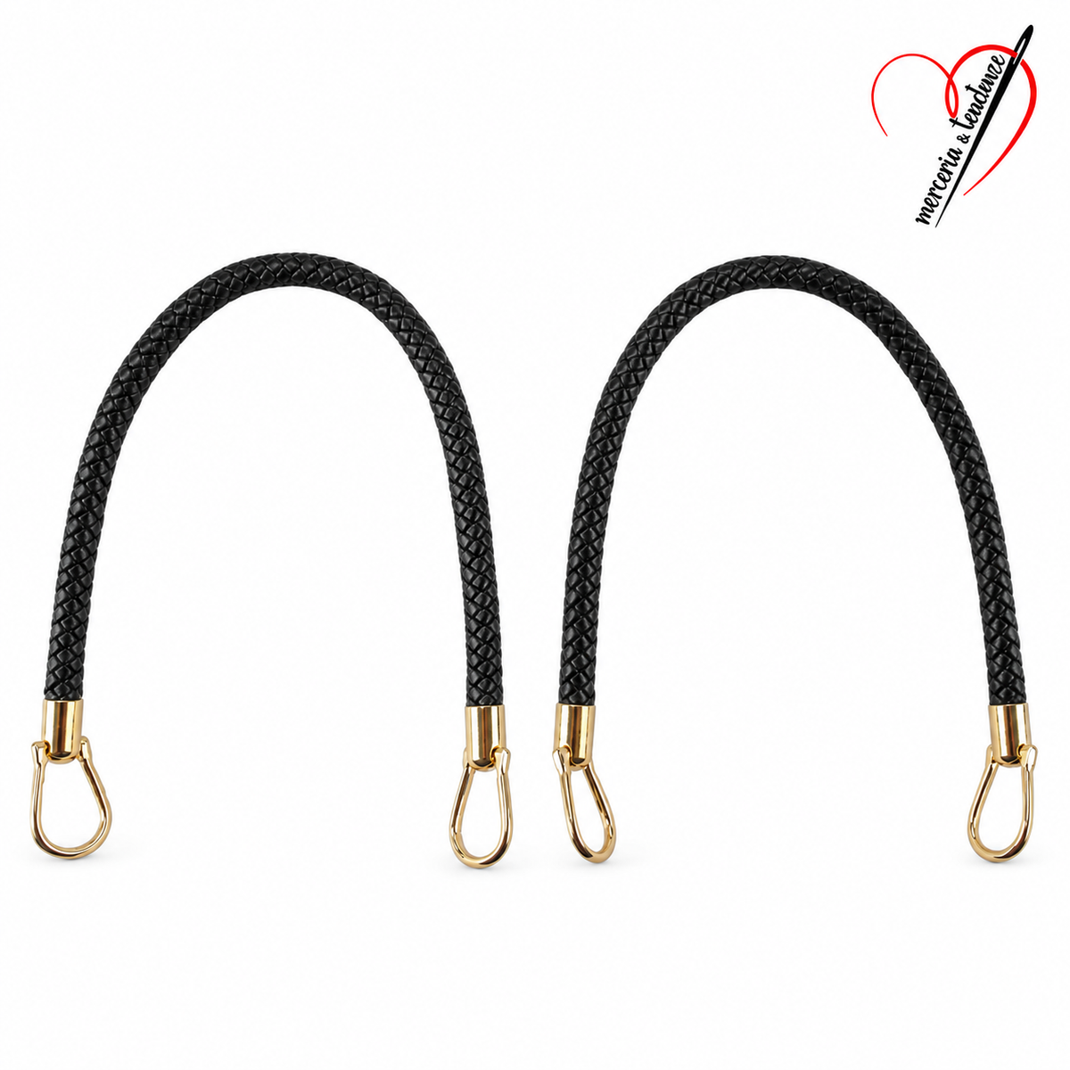 Coppia Manici Intreccio in similpelle Nero, agganci dorati, 22 × 23 cm per manico, logo Merceria & Tendenze