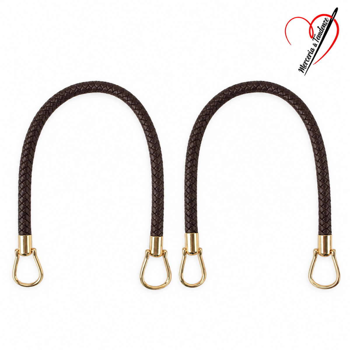 Coppia Manici Intreccio in similpelle Marrone scuro, agganci dorati, 22 × 23 cm per manico, logo Merceria & Tendenze