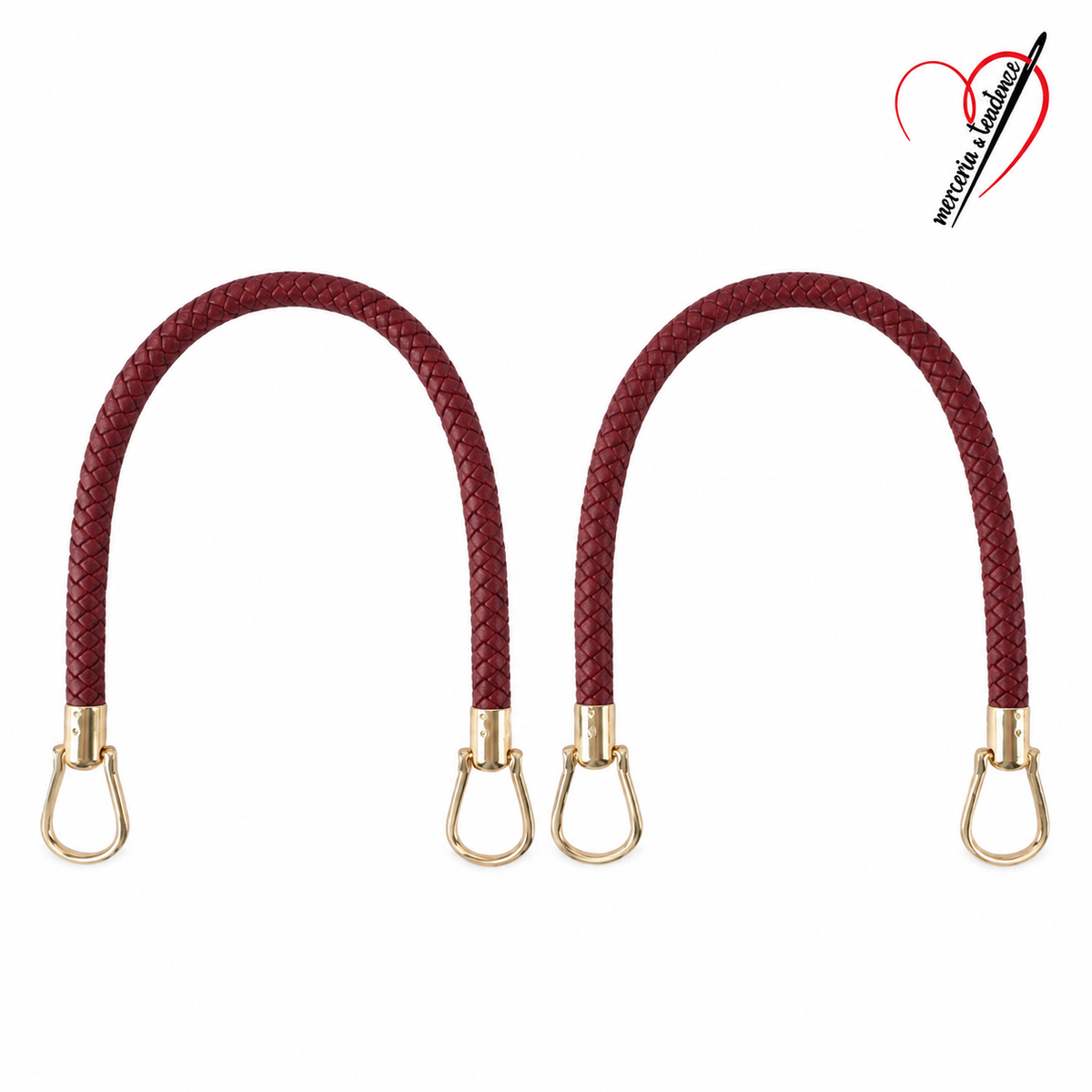 Coppia Manici Intreccio in similpelle Bordeaux, agganci dorati, 22 × 23 cm per manico, logo Merceria & Tendenze
