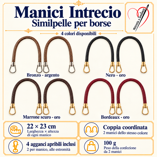 Manici Intreccio in similpelle, 4 colori, 22 × 23 cm per manico, coppia dello stesso colore con 4 agganci apribili inclusi, 100 g per confezione, logo Merceria & Tendenze