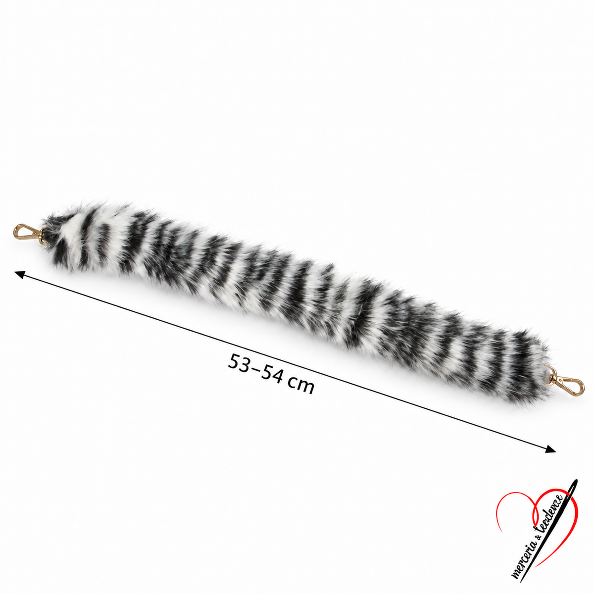 Manico Nuvola Zebrato 09 in pelliccia sintetica con due moschettoni dorati, 53–54 cm