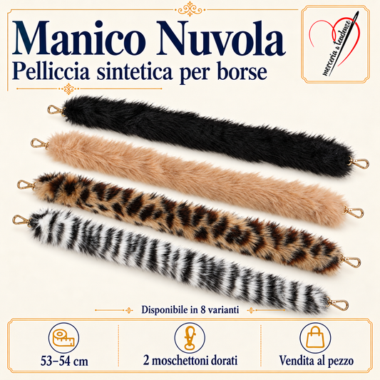 Manico Nuvola in pelliccia sintetica: nero, cammello, leopardato e zebrato, lunghezza 53–54 cm
