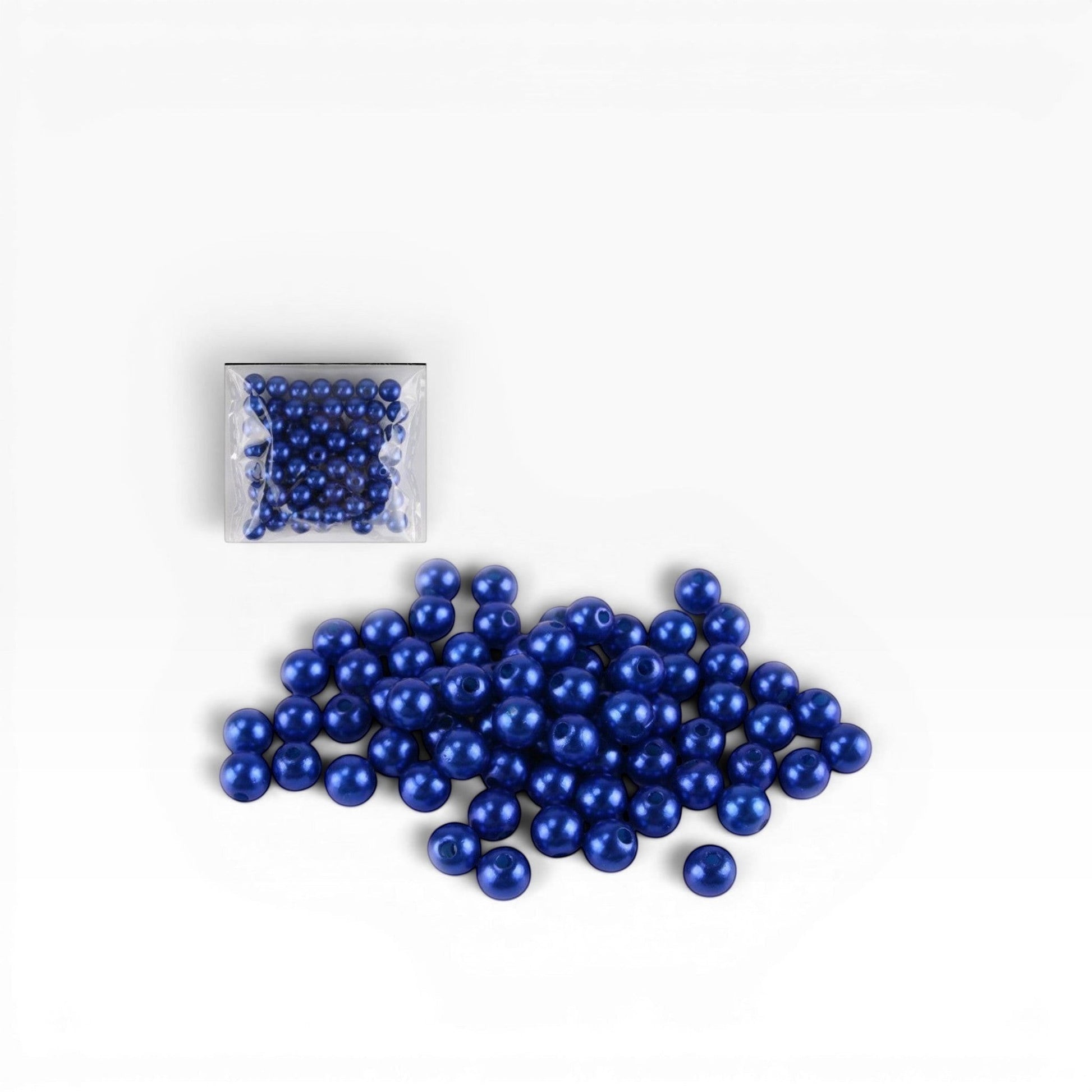 Perline rotonde blu lucide da 8 mm per bigiotteria fai-da-te, vendute da Merceria & Tendenze in confezione da 18g.