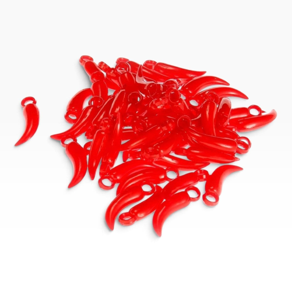 Merceria & Tendenze translucent red acrylic chili pepper charms for jewelry making on a white background