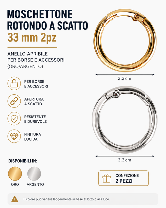 Moschettone Rotondo a Scatto 33 mm 2pz – Anello Apribile per Borse e Accessori (Oro/Argento)