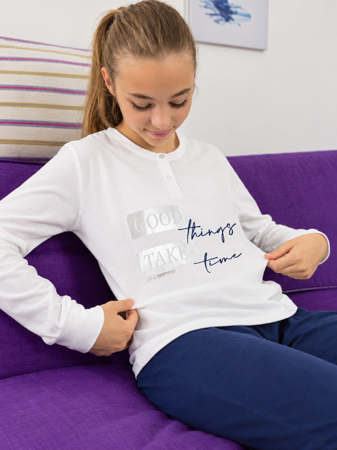 Pigiama ragazza Lotto LP7061 bianco con pantalone blu, foto migliorata