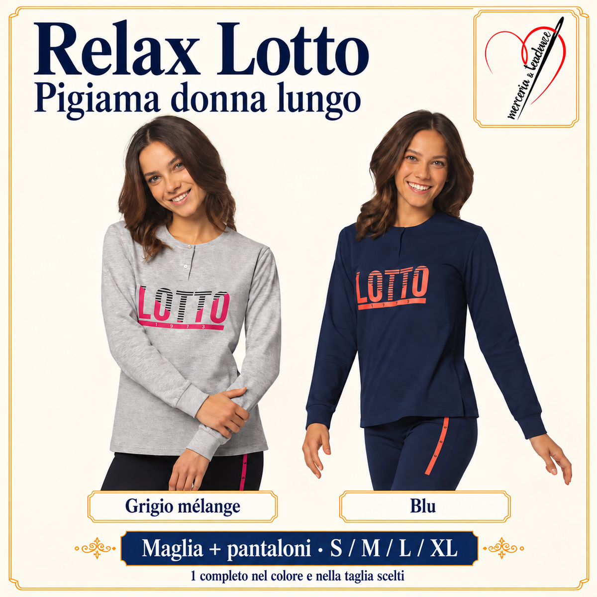 Relax Lotto: pigiama donna lungo in grigio mélange o blu, completo maglia e pantaloni, taglie S M L XL