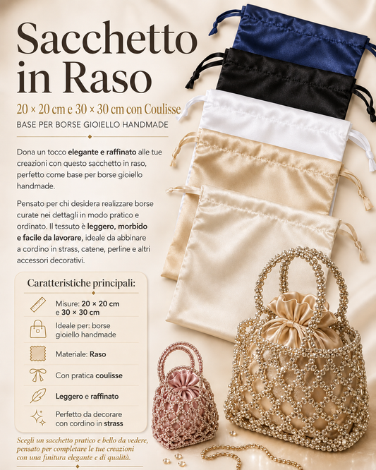 Sacchetto in raso con coulisse per borse gioiello, misure 20 × 20 cm e 30 × 30 cm