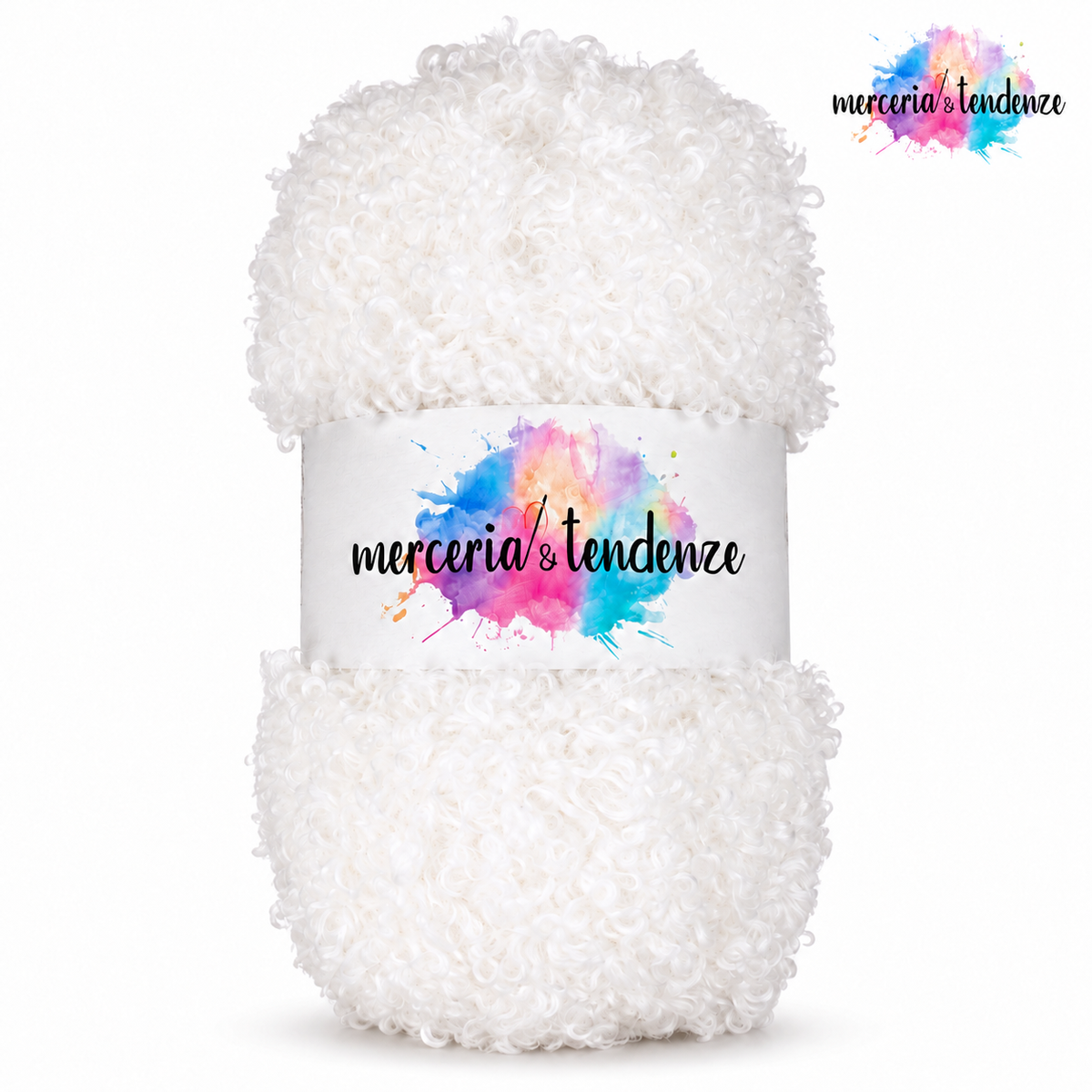 Sweet Teddy – Bianco 07, filato bouclé con etichetta e logo Merceria & Tendenze in alto a destra