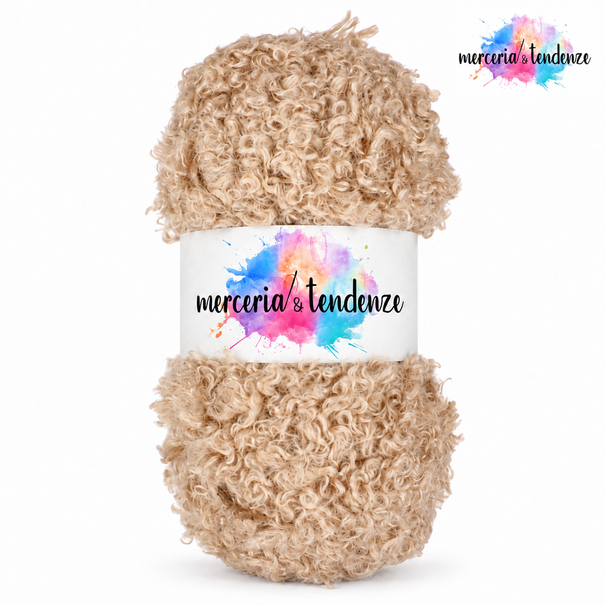 Sweet Teddy – Beige 08, filato bouclé con etichetta e logo Merceria & Tendenze in alto a destra